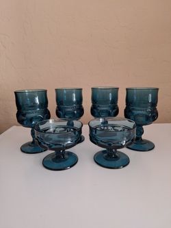 Vintage Teal Glass Thumbprint Goblets And Dessert Cups 
