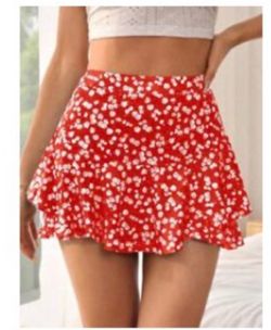 SHEIN Red Floral Mini Skort with White Daisies