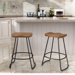  24" Swivel Metal Bar Stools Industrial Barstools Counter Height Stools Modern Bar Chairs with Wooden Seats Set of 2