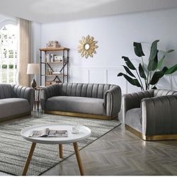 NEW VELVET GRAY /GOLD & PINK / GOLD SOFA & LOVESEAT ! CHAIR IS EXTRA AND MAY NOT BE AVAILABLE DUE TO LOW STOCK ! 