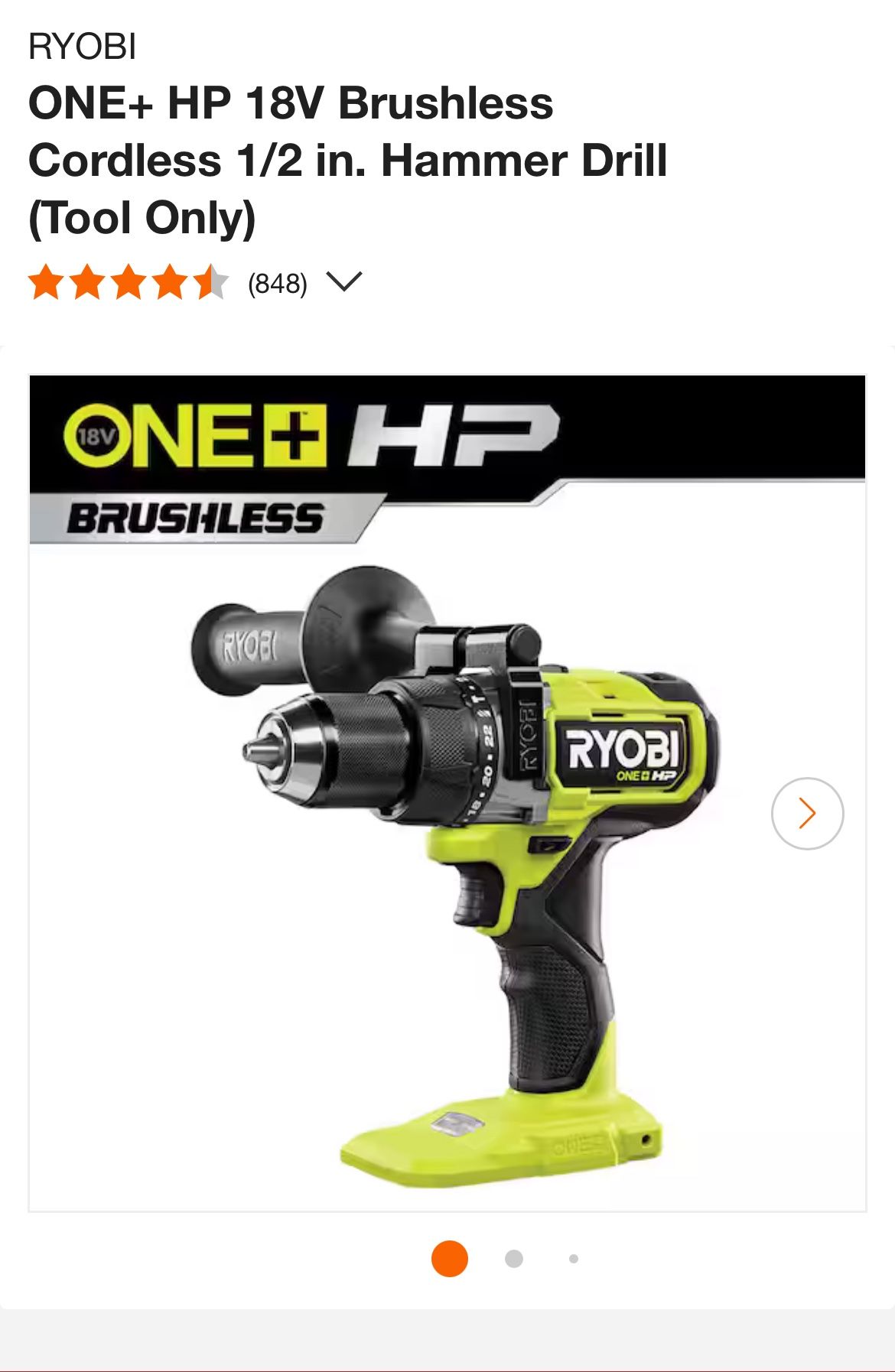 RYOBI ONE+ HP 18V Brushless Cordless 1/2 in. Hammer Drill (Tool Only)