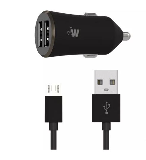Just Wireless 2-Port USB 2.0A Car Charger (with 6' Micro USB Cable) - Black