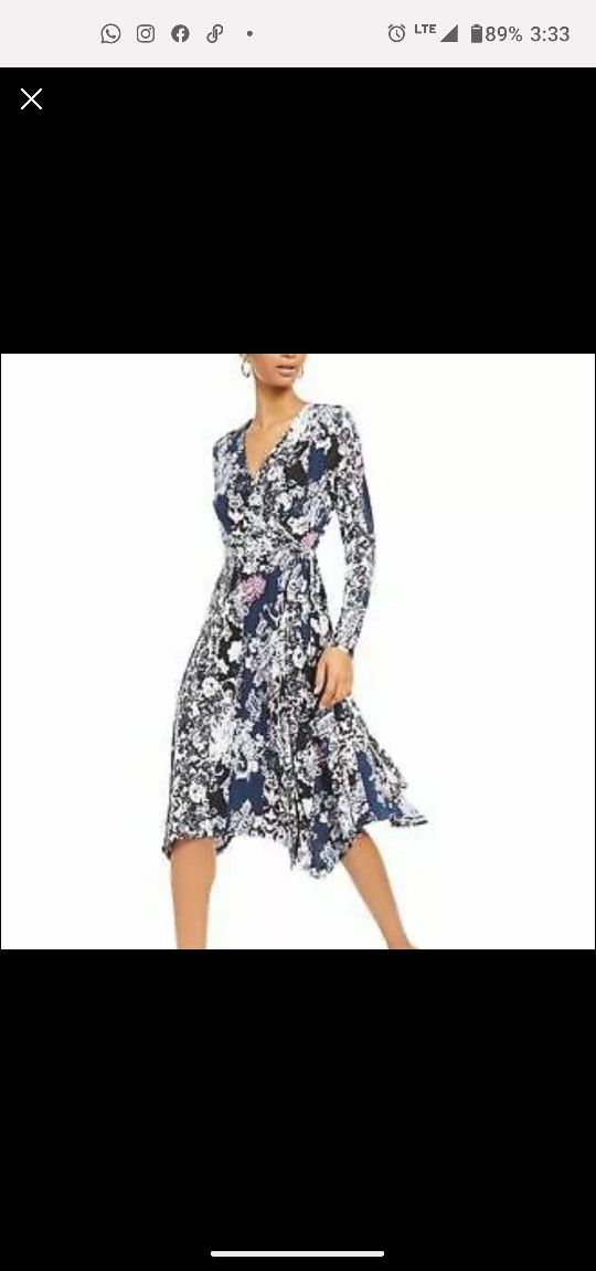 Inc Blue Printed Long Sleeve V Neck Below The Knee Dress