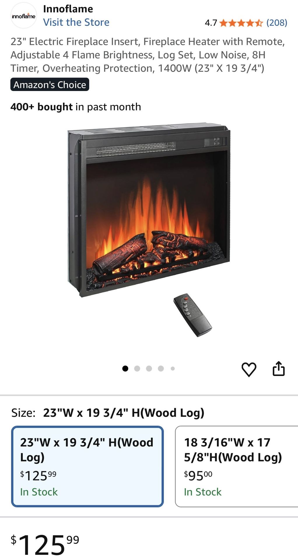 23" Electric Fireplace Insert, Fireplace Heater with Remote, Adjustable 4 Flame Brightness, Log Set, Low Noise, 8H Timer, Overheating Protection, 1400