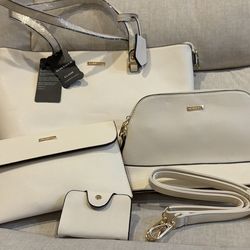 ELIM PAUL Ivory Shoulder Bag Set with Gold Hardware, Wristlet, Pouch