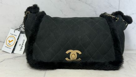 Chanel Shearling Flap Bag Black Suede Gold CC Authentic(160718-2)