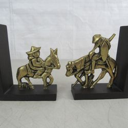 Don Quixote & Sancho Panza Solid Brass Wood Base Vintage Bookends
