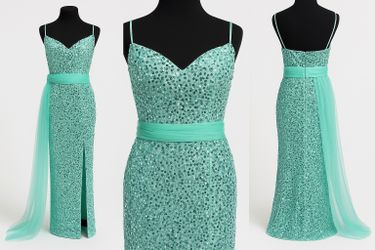 Sparkling Mint Green Sequin Evening Gown – Size Medium – Mermaid Silhouette with Tulle Sash