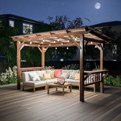  13 ft. x 6.5 ft. Brown Wooden Pergola Grill Gazebo with Metal Roof, Bulbs and Bar Counters