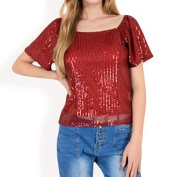 Anna-Kaci Women's Red Short Sleeve Sequin Top, Bling Top, Christmas