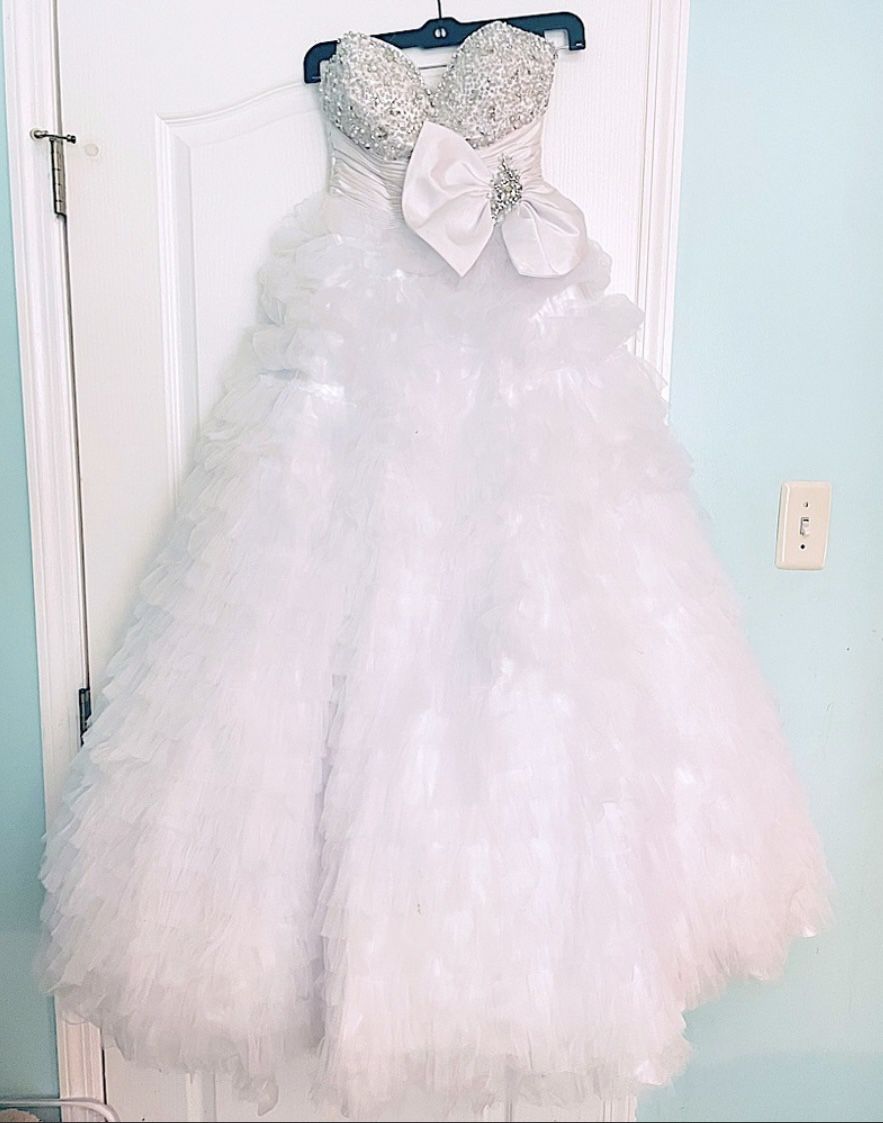 White & Silver Embellished Sweetheart Long Tulle Ruffle Ball Gown Designer Dress