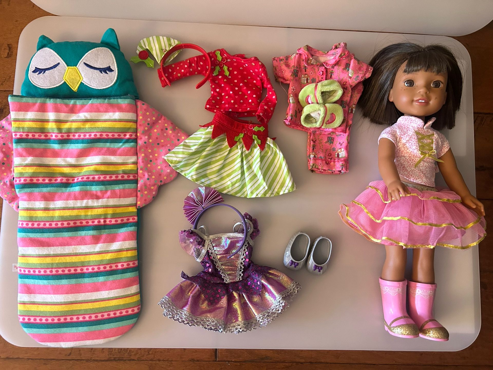 Wellie Wisher American Girl Doll With 4 Outfits, Shoes And Sleeping Bag