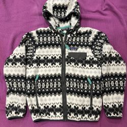 Patagonia Synchilla Snap T Hooded Fleece Jacket Women's S Geometric Print White