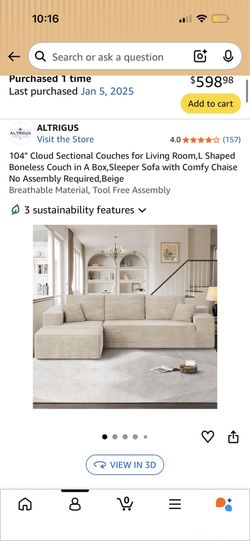 104" Cloud Sectional Couches for Living Room,L Shaped Boneless Couch in A Box,Sleeper Sofa with Comfy Chaise No Assembly Required,Beige