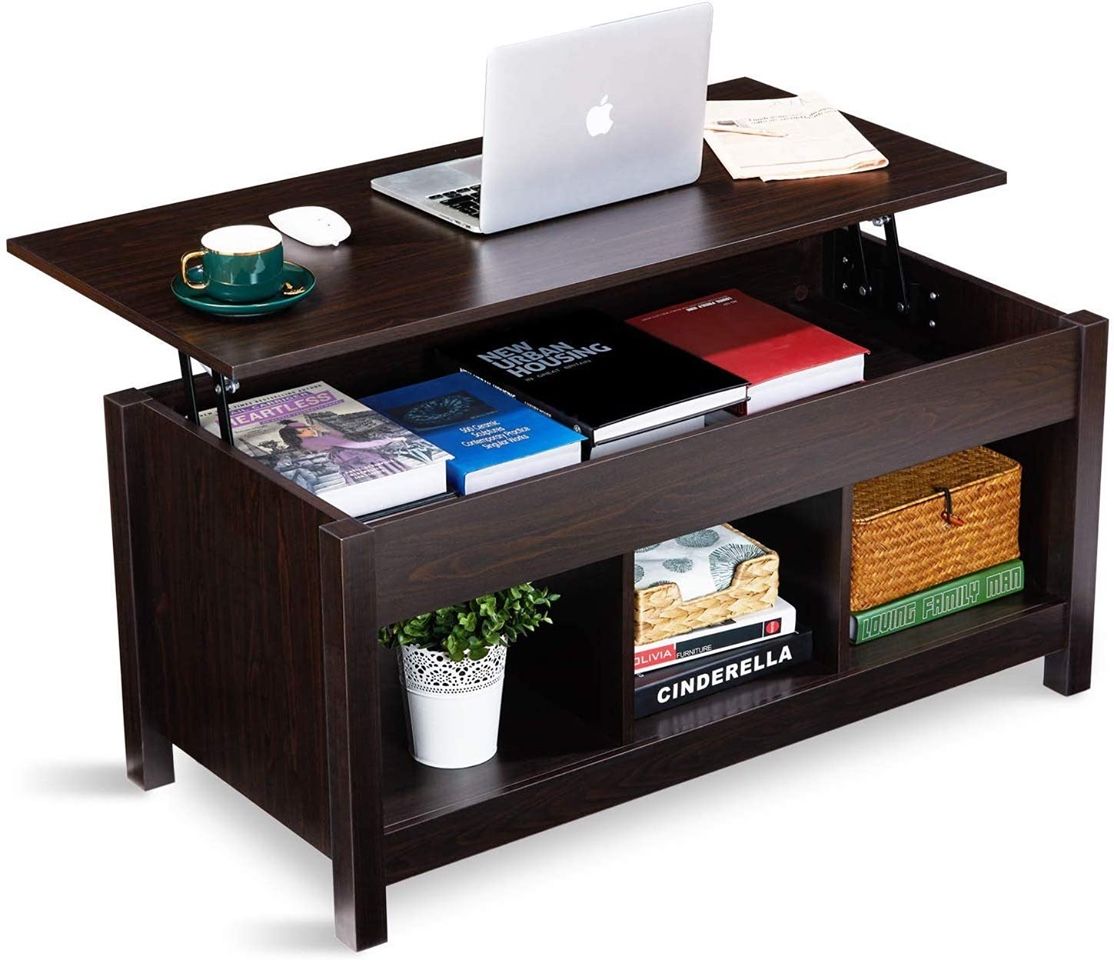 Lift Top Coffee Table with Hidden Storage Compartment & Shelf, Modern Lift Tabletop Dining Table for Living Room Office Reception, Espresso