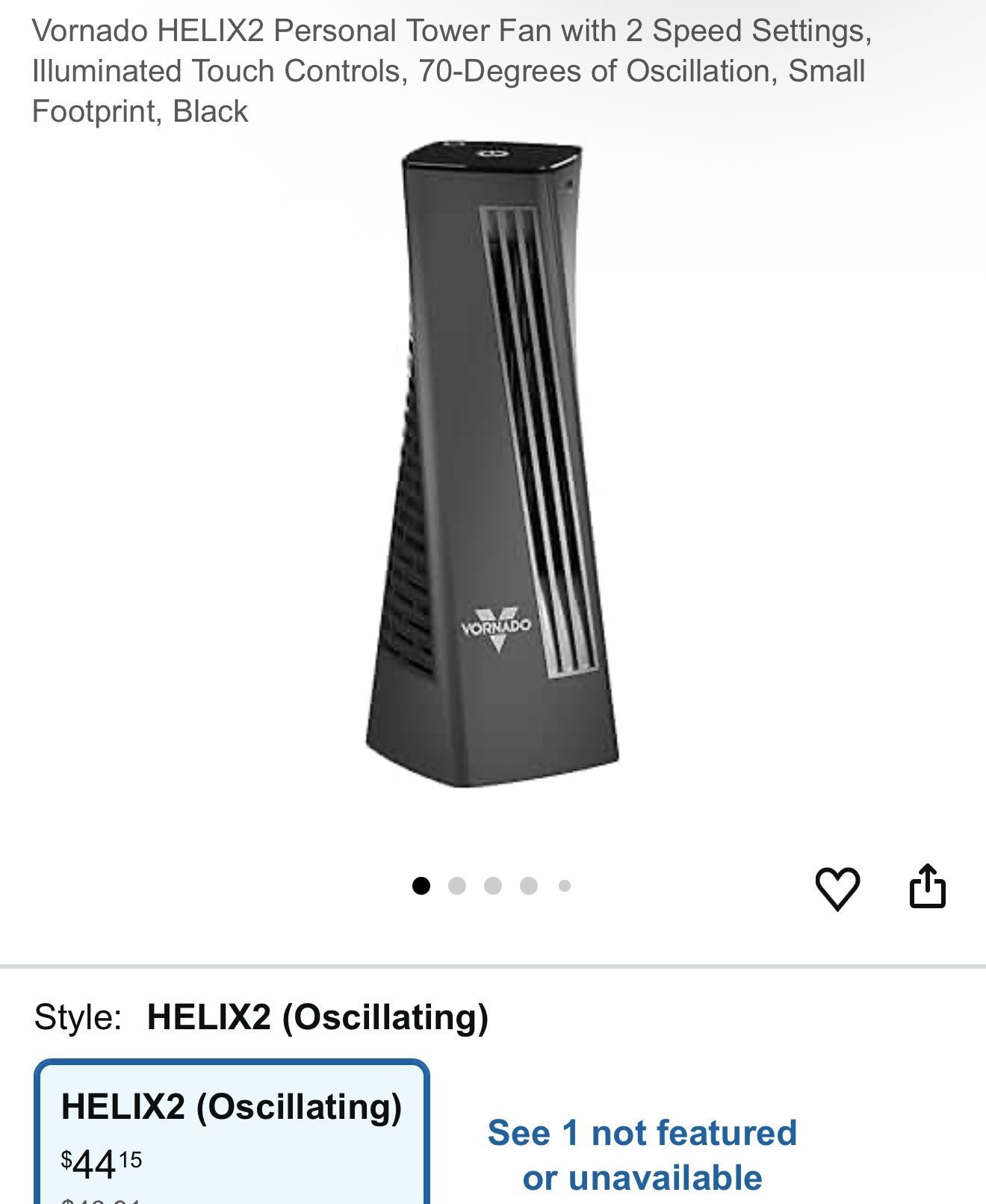 Vornado HELIX2 Personal Tower Fan with 2 Speed Settings, Illuminated Touch Controls, 70-Degrees of Oscillation, Small Footprint, Black