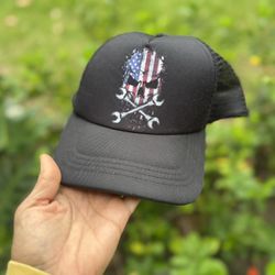 H3 Sportgear Black Trucker Hat with American Flag Skull and Wrenches