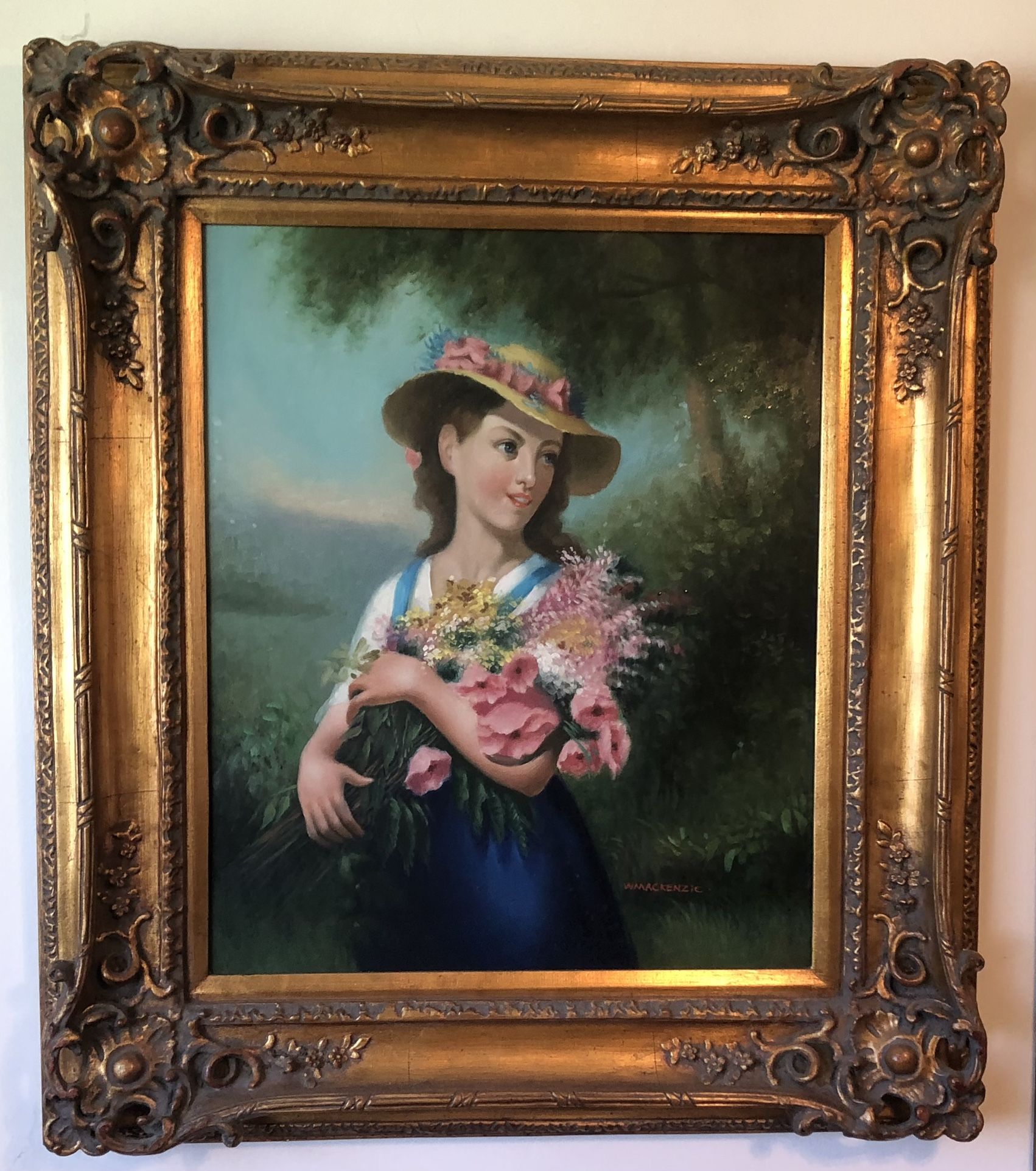 Large Gold Picture & Frame Art “Girl with Flowers” 