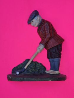 VINTAGE 1990 CAST IRON GOLFER DOOR STOP