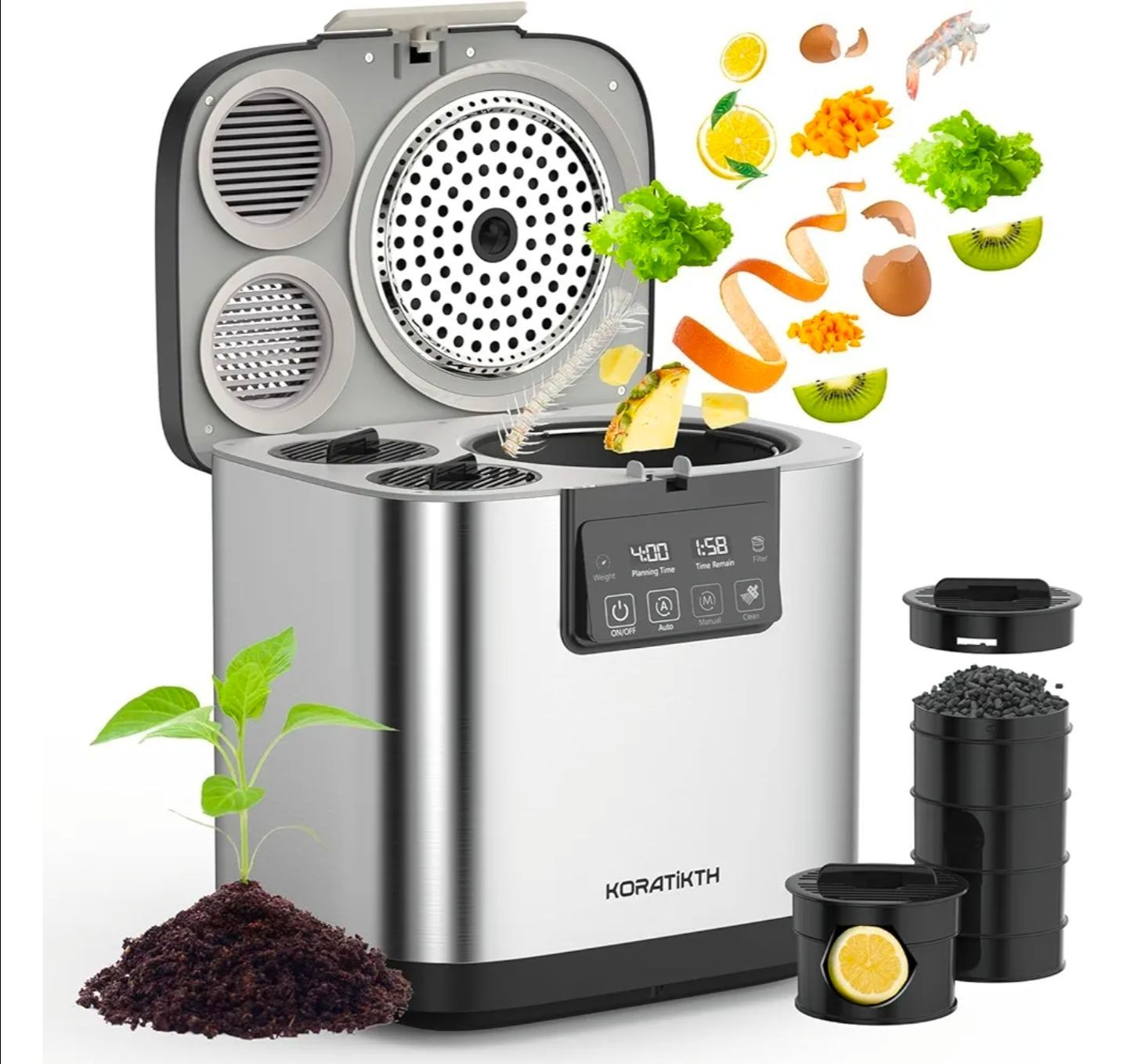 4L Electric Composter Composter for Kitchen Fast Odorless Quiet Composting Machine LED Display, Timer, Home Countertop Compost Bin