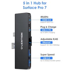 LENTION Surface Pro Dock, 5-in-1 Surface Pro 7 Hub, 4K@60Hz USBC to HDMI Hub, USB C to Gigabit Ethernet Hub, 2 x USB 3.0 Hub, PD 60W Type C Charging P