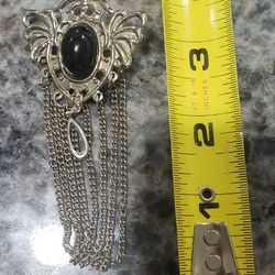 Silver Color Jacket Chain Brooch, Black Stone Authentic Brooches, Jacket Shirt Lapel Pin Vintage