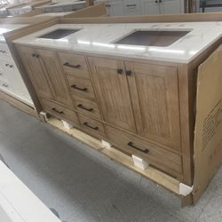 Bathroom vanity cabinet 72” solid Teak Quartz top with sinks and backsplash 
