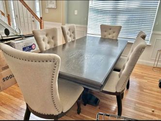 Dark Wood Dining Room Set with Table, 6 Chairs, and Buffet