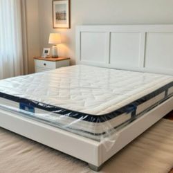 New King Size BED FRAME WITH MATTRESS WHITE BED FRAME WITH MATTRESS INCLUDED PLATFORM BED WOODEN HEADBOARD 