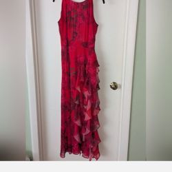 Betsy & Adam Red Metallic Floral Ruffle Maxi Dress