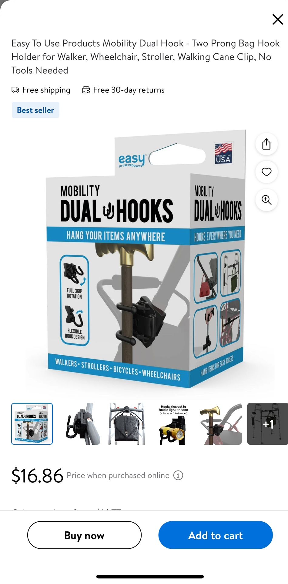 Easy To Use Products Mobility Dual Hook - Two Prong Bag Hook Holder for Walker, Wheelchair, Stroller, Walking Cane Clip, No Tools Needed