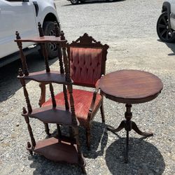 Vintage Chair, Corner Shelf, and Pie Crust Table