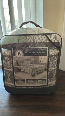 (Stylish): Modern Geometric 5-Piece Full/Queen Quilt Bedding Set "Blue Dayton" Gray Stripe