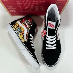Vans Sk8-Hi Santa Flame Black Red Yellow Skate Shoe Sneakers Women 9 Men 7.5
