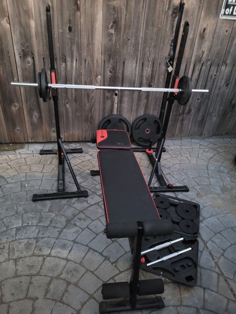 bench press stands n weights
