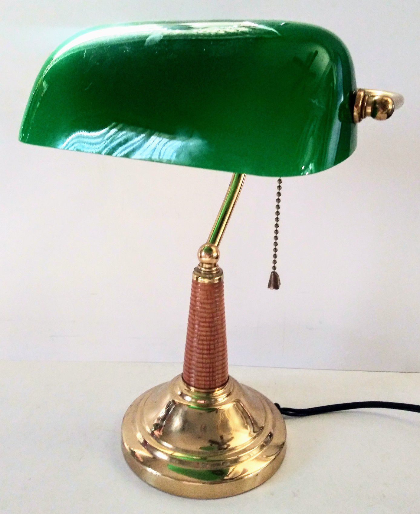 Banker's Desk Lamp Green Glass Portable Luminaire Brass and Wood Base