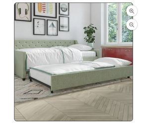 New In Box Novogratz Her Majesty  Twin Daybed and Trundle, Light Jade Green Linen