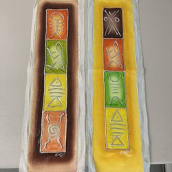 2 Original Jeremie Signed Canvas Art - 9x32” Tribal Abstract Paintings