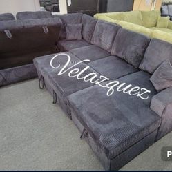 ✅️✅️4 pc Black corduroy fabric sectional sofa with storage chaise and love seat and pop up sleep area in center USB charging✅️✅️✅️