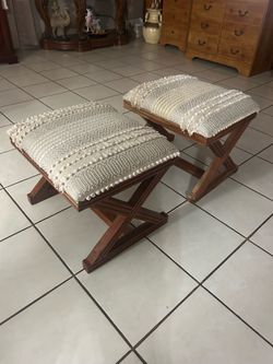 Pair of X-Frame Upholstered Footstools