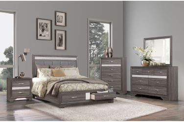 Brand new grey queen storage bedframe + dresser + mirror + nightstand
