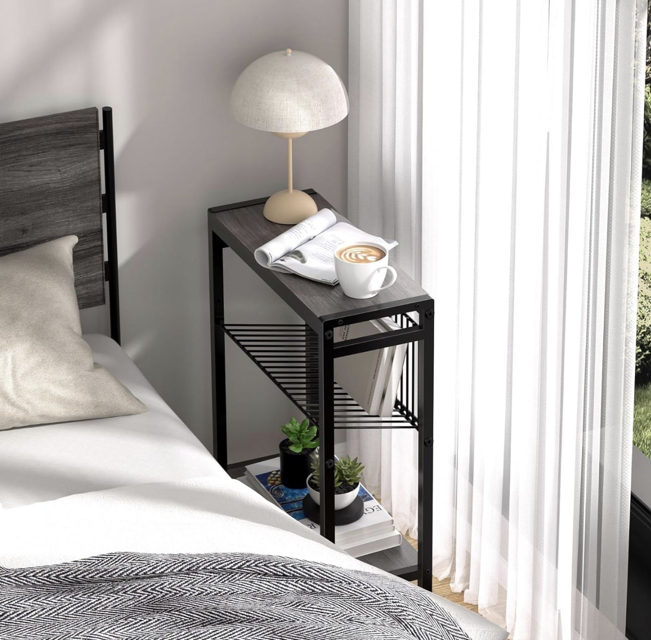 End Table for Small Space, 3-Tier Narrow Side Table with Magazine Holder,Slim Nightstand, Skinny Snack Couch Table in Living Room, Bedroom Study and B
