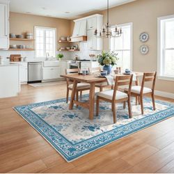 NWT SOULFUL 3x5 Blue Boho Floral Washable Area Rug Non-Slip Accent Mat