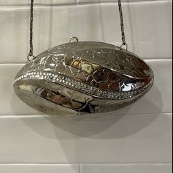 Vintage Football Shaped Silver Alligator & Crystal Metal Shoulderbag Evening Bag