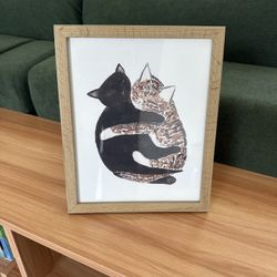 Cute Cat Art + Wooden Frame 