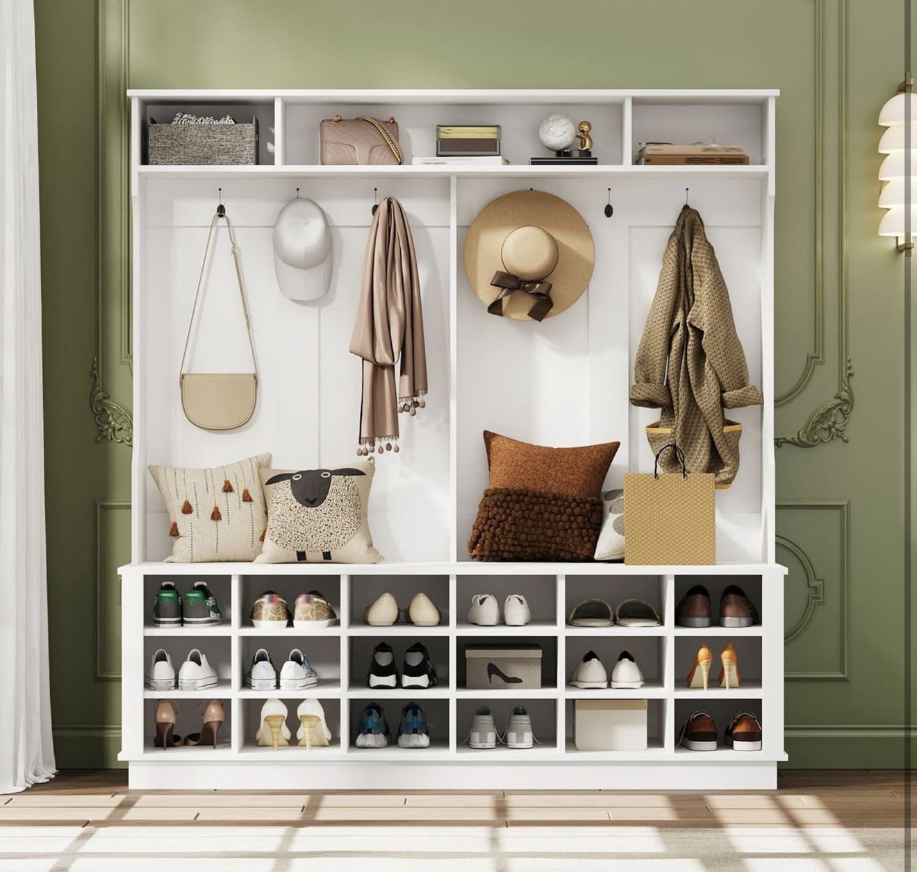 67" Large Hall Tree with Storage Bench and Shoe Rack White, Standing Entryway Bench with 6 Coat Rack, 18 Shoe Cubbies & Top Storage,4-in-1 Modern Hall