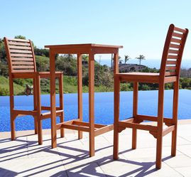 Set of 3 - Wood Bar Table and 2 Bar Chair, Outdoor Patio