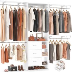 Closet System, Closet Organizer with 3 Wooden Drawers, 8FT Closet Organizer System, 96’’ Walk-in Closet Wardrobe Clothes Rack with Hanging Rods, Garme