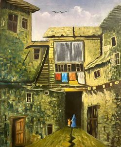 Original Oil Painting Village Scene(handmade with real fabric