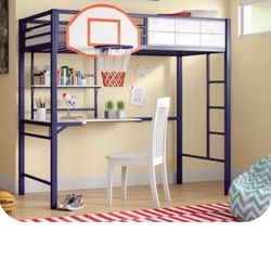 Blue bunk bed with desk
